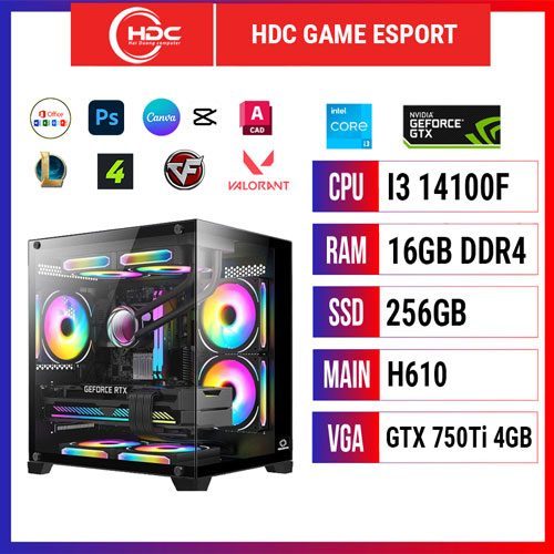 PC HDC GAME ESPORT CPU Intel i3 14100F – RAM 16GB DDR4 – SSD 256GB – MAIN H610 - VGA GTX 750TI 4GB